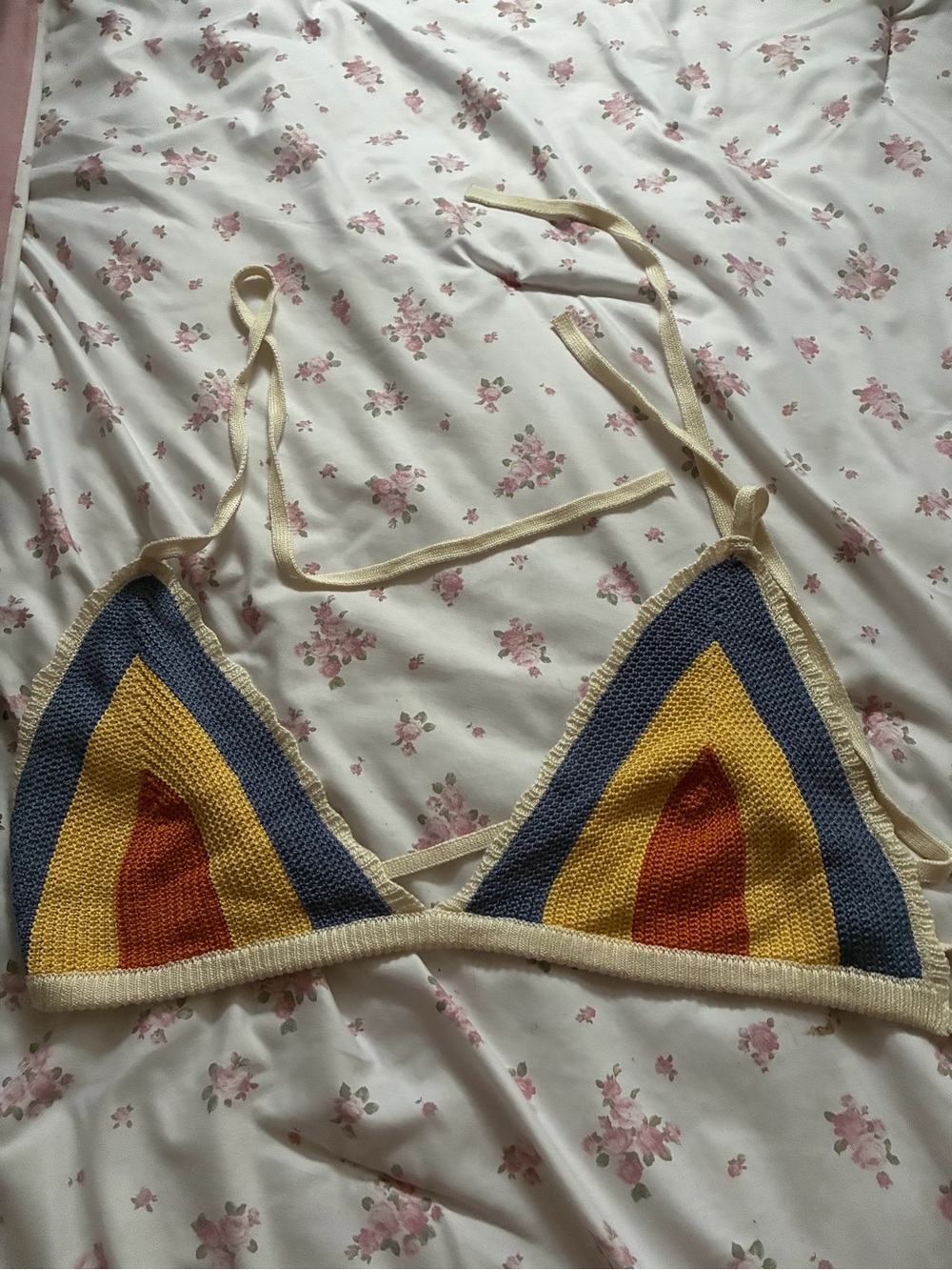 Almost Famous Crochet Triangle Bralette in Cream, Blue, Yellow & Rust